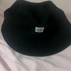 Black Bucket Hat with Smiley Patch